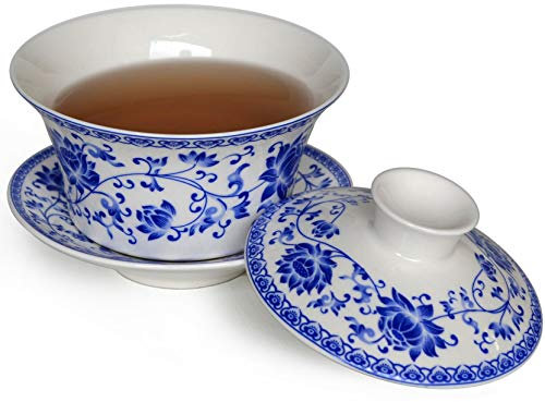 Liang baobao Juego de té tradicional Gaiwan con tapa y platillo, taza de té Gongfu de porcelana, diseño de loto azul, 200 ml