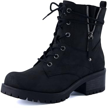 Dunes Kobe Womens Combat Boots – Stylish Lace-Up Design with Side Zipper, Durable Lug Sole, and Block Heel + Memory Foam, Faux Fur Lining, BLACK, 7.5