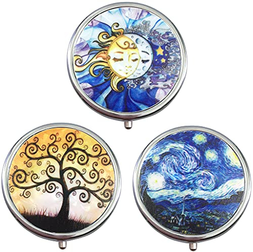 3 pezzi Scatola per Pillole Rotonda in Metallo, Feelairy Portapillole Tascabile 3 Scomparti con Specchio, Portapillole Settimanali da Viaggio per Vitamine e Medicinali Tablet per Uso Quotidiano
