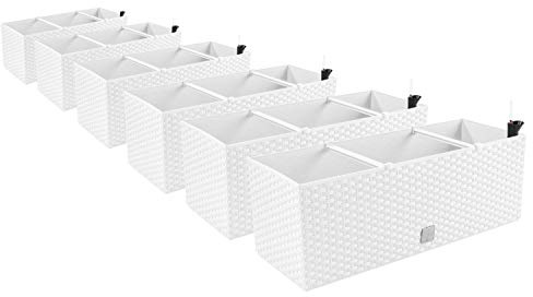 PAFEN 6in1 Set 6X Balkonkasten Blumenkasten Rattan-Optik 4 Farben Pflanztopf Wasserstandsanzeiger (Weiß)