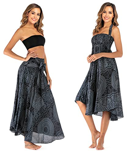 Daysskk Women's Beach Dress Bohemian Style Gypsy Boho Hippie Skirts Summer for Women UK Maxi Skirts for Women Elastic Waist Womens Floral Long Skirt Halter Dress Casual 37