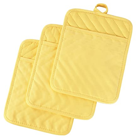 Anyi Pot Holders and Oven Mitts 7 X 9 Heat Resistant Cotton Pocket Pot Holder Set Feature of Non Slip Kitchen Hot Pad Oven Mitts, 3-Pack (Aspen Gold)