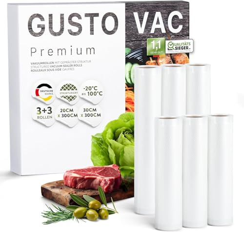 GustoVac Premium 6 Vakuumrollen, 3 Rollen 20x300cm & 3 Rollen 30x300cm Profi- Vakuumierbeutel für Vakuumierer, Vakuumierfolie, Kochfest & Sous Vide Gefrierbeutel, Lebensmittel Vakuumiergerät, BPA FREI