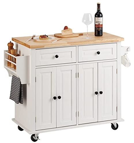 VEVOR Küchenwagen 1100 x 450 x 825 mm, 136 kg Belastbar Kücheninsel Küchenschrank, Rollwagen Küchentrolley mit Handtuchhalter & 2 Schubladen, Mikrowellenschrank Küchenrollwagen Massivholz