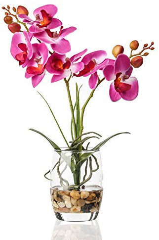 Alyphyly Artificial Flower Bonsai with Glass Vase Vivid Orchid Flowers Arrangement Phalaenopsis Flowers Pot for Home Office Décor Table Centerpiece House Decorations(Glass Vase/Purple Orchid)