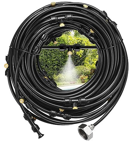 sourcing map Misting Cooling System, 75FT(23M) Misting Line +28 Mist Nozzles +3/4 Brass Adapter, Misters for Outside Patio Garden Greenhouse Umbrella