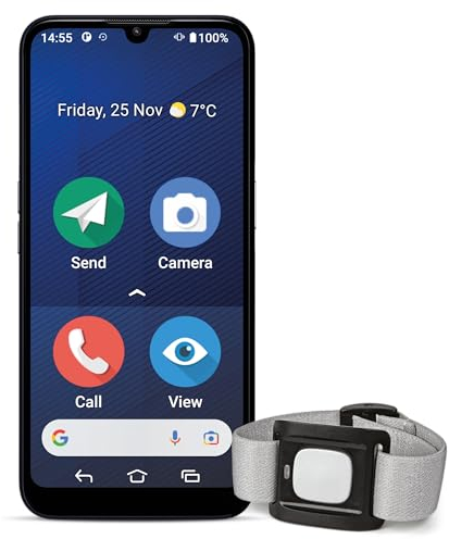 Doro - 8200 Secure - 4G-Senioren-Smartphone ohne Vertrag - Mit Notruf-Armband - 6.1'' Display - Notruftaste mit GPS - Dreifachkamera - Klarer Klang - Spritzwassergeschüzt- Mit Ladesockel - Blau
