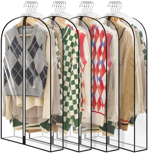 Perber 40 All Clear Garment Bags for Hanging Clothes, 4 Gusseted Suit Bags for Closet Storage, Plastic Garment Covers with Zipper for Coats, Jackets, Shirts, 4 Packs