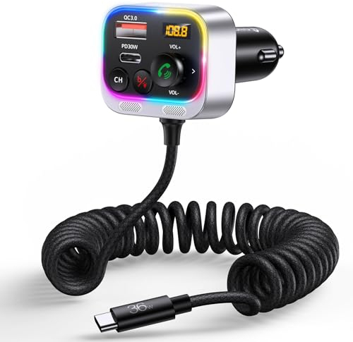 Syncwire Bluetooth 5.4 FM-Transmitter Auto-Adapter, 66W PD QC 3.0 Autoladegerät mit USB-C Spiralkabel, Kabelloser FM-Radioadapter, Starke Mikrofone & Bass HiFi-Sound, Freisprechanruf, Lichtschalter