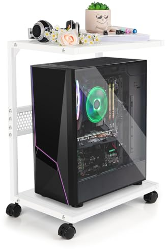 Bfttlity PC Stand Computer Tower Stand 2-Tier Metal CPU Holder with Locking Caster Wheels Suitable for Most PC (S,White)