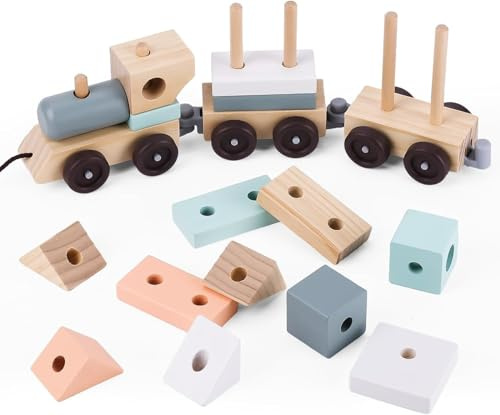 UMU® Tren de madera 2 en 1 para niños pequeños – Juego de 2 vagones con surtido y juguete apilable (18 piezas, completamente desmontable), 37 cm de largo, juguete Montessori para niños a partir de 1