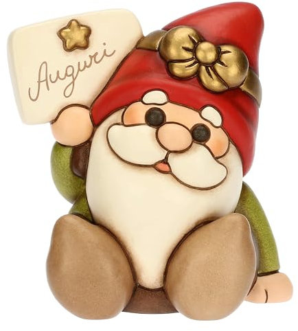 THUN, Gnomo Oliver con Scritta Auguri in Ceramica di Alta Qualità, Collezione Natale, Statuine da Collezione, Idea Regalo per Natale, 10,4 x 7,7 x 10,9 cm