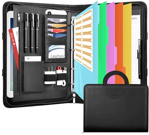 Leathario Schreibmappe A4 mit 5er Register DIN A4，Konferenzmappe mit 4 Ringbuch，Dokumentenmappe mit Reißverschluss，Griff，Klemmbrett,Ordner für Meeting, Business,Mappe für Schule, Uni