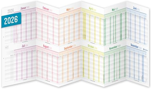 Häfft® Urlaubsplaner 2026 Mitarbeiter faltbar/gefalzt - A4 zum Abheften (ausgeklappt 89 x 29 cm) für 12 Personen oder Projekte Rainbow - nachhaltig & klimafreundlich