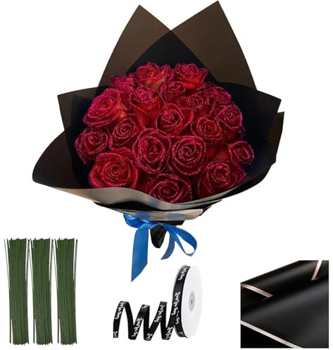 20pcs Bouquet de roses scintillants, 9,5 pouces Bouquet de fleurs brillantes brillantes, fausses roses bricolage avec tige, rubans d'emballage et papier d'emballage pour l'anniversaire, engageme