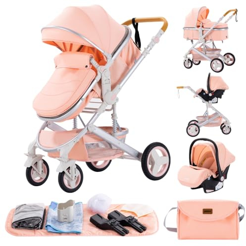 GLOKID Pram Baby prams 3 in 1 Travel System Baby Stroller Mosquito net, Rain Cover, Mommy Bag (530 Pink)