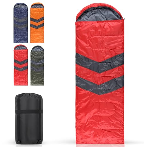 Sleeping Bags for Adults & Kids - Red, 3-4 Season Ultralight Waterproof Backpacking Sleeping Bag with Hood & Double-Sided Zip, Lightweight Compact for Camping, Hiking & Travel