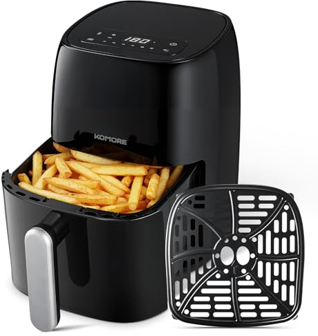 KOMORE Digital Air Fryer 4.2L, 1500W 6-in-1 Compact AirFryer with Touch Screen, Timing, Oil-Free, Air Fry, Extra Crisp, Roast, Bake, Reheat, Non-Stick, Dishwasher Safe, Black