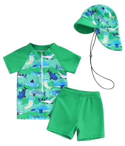 JiAmy Traje de baño para niños pequeños y jóvenes, ropa UV para niños, protección de una pieza, traje de baño, ropa de protección con sombrero para el sol, verde, 12-18 meses