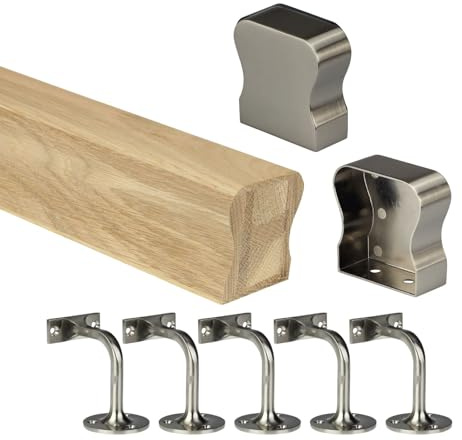 Oak HR Wall Mounted Handrail Kit Oak Handrail with End Caps & Wall Brackets - Chrome, Black, Nickel - 1800mm 2400mm 3600mm 4200mm Lengths (Brushed Nickel, 4200mm)