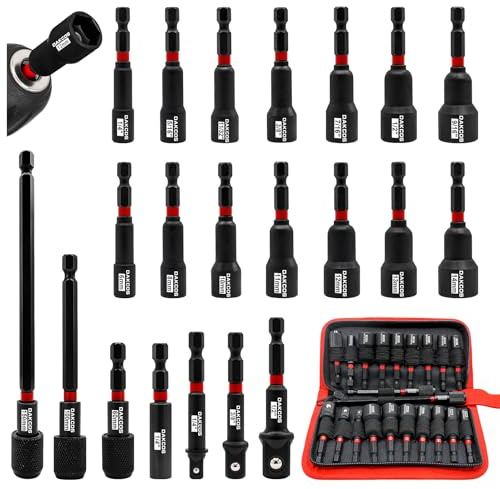 DAKCOS Juego de 21 piezas de adaptadores hexagonales, 6-14 mm y 1/4-9/16, juego de llaves de vaso, adaptadores a 1/4 1/2 3/8, llaves para taladros, CR-V