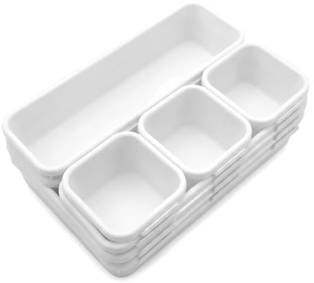 Lirynox 8 Pcs Interlocking Drawer Organiser, Drawer Dividers Plastic Storage Trays 3 Sizes Draw Tidy Trays Makeup Draw Organisers White Desk Organiser for Kitchen Office Stationery Jewellery