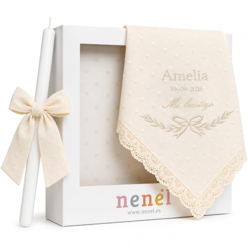Nenel | Kit de Bautizo Personalizado con Vela y Paño Bordado Plumeti Beige – Regalo Recuerdo Original Bautismo – Cirio Bautismal con Lazo y Toalla con Nombre y Fecha