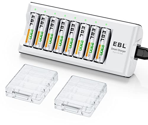 EBL Akku Ladegerät mit 8 AA Akku, Ladegerät für AA, AAA, NI-MH, NI-Cd wiederaufladbare Batterien, 8 Ladeschächte, LED Anzeige, EBL C9042W Batterieladegerät mit AA Akkus