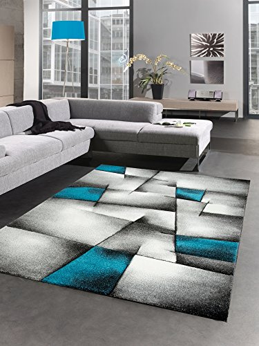 CARPETIA Teppich modern Kurzflor Teppich Wohnzimmerteppich Konturenschnitt karo abstrakt grau schwarz Weiss türkis Größe 160x230 cm