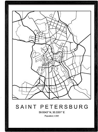 Nacnic Lámina Mapa de la Ciudad Saint Petersburg Estilo nordico en Blanco y Negro. Poster tamaño A3 Sin Marco Impreso Papel 250 gr. Cuadros, láminas y Posters para Salon y Dormitorio