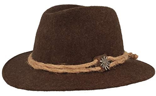Breiter Original Herren Trachtenhut, Filzhut, Wanderhut Tiroler-Art, 100% Wolle, Hanfkordel, Edelweiß & schmaler Krempe Braun 56