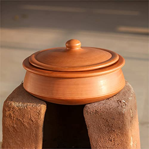 SWADESHI BLESSINGS Handmade Exclusive Range Unglazed Clay Handi/Earthen Kadai/Clay Pot for Cooking & Serving with Lid, 2.8Liters (with Natural White Firing Shade Mirror Shine) (Red)