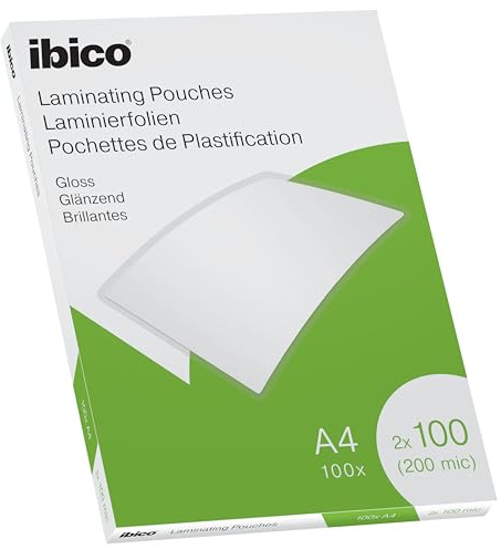 Ibico A4 Laminating Pouches, 200 Micron (2x100), High Document Protection & Durability, Pack of 100, Gloss Finish, Crystal Clear, 627317