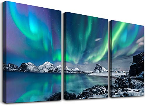 hyidecorart Leinwandbilder Nordlicht 30x40 cm 3er Set Schlafzimmer, Modern Bilder mit Rahmen für Wohnzimmer Natur Wanddeko Grün Polarlicht Landschaft Kunstdruck Deko Zimmer Büro Flur Wohnung