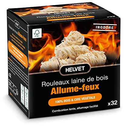 32 Encendedor de Lana de Madera para Chimenea y Poele a Madera – Encendido Simplificado: Brule 10 Minutos Producto Natural 100% ecológico de Madera y Cera Vegetal FSC