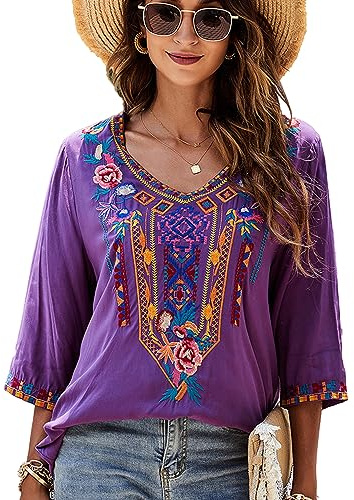 drakloak Chemise Broderie Femmes bohème Broderie Tops Tunic Folklore Hippie Chemise Floral Motif Tops Manches Courtes Loose Top