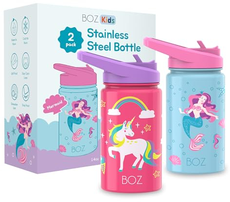 BOZ Kinder Trinkflasche – Trinkflasche Schule – Trinkflasche Kinder Kohlensäure Geeignet - Auslaufsichere Edelstahl – 400 ml – Zweierpack-Bündel (Einhorn/Meerjungfrau)