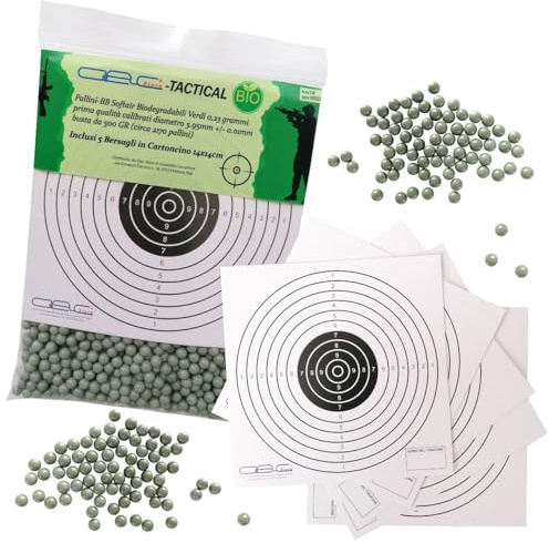Glac Store® Pallini BB in Busta Biodegradabili Bio 500gr da 6mm per Softair Verdi Bianchi 0,20 0,23 0,25 Grammi con 5 Bersagli in Cartoncino 14x14 (0,23 gr Verdi 2170 Pezzi)