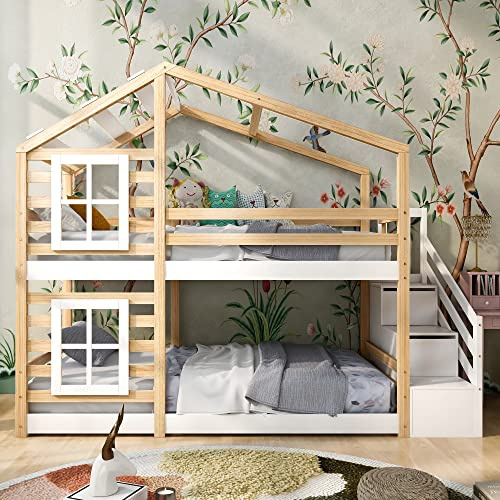 Sapgaks Lit cabane Enfants 90x200 Lit superposé Enfant lit Double lit Simple Protection Anti Chute, cabane d'arbre avec tiroir et Protection Anti Chute, lit Mezzanine pour Enfants Naturel et Blanc