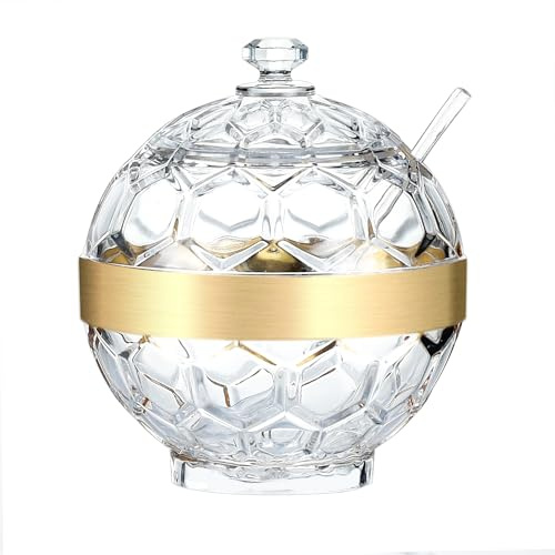 IVOOBR Clear Acrylic Sugar Bowl with Lid and Spoon,10 oz Sugar Container for Coffee Bar Accessories, Sugar Jar(Gold-plated)