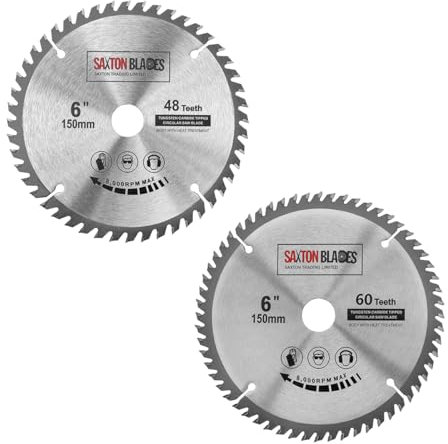 Saxton TCT Lot de 2 lames de scie circulaire 150 mm x 20 mm alésage 48 et 60 dents + anneau de 16 mm et 10 mm Compatible avec Ryobi Bosch Makita Dewalt