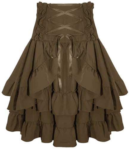 SEAUR Viktoriansk kjol damer midi hög midja volanger kjol renässans medeltida vintage steampunk gotisk kjol A-linje snörning tre lager kjol karneval festlig cosplay kostym, BRUN, L
