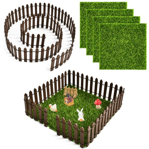 Accessoires de Jardin Miniatures, 5 Pièces Mini Jardin Decoration Miniature Jardin Ornements 90 cm Mini Cloture de Jardin, 15 x 15 cm Fausse Herbe Maquette, 1:12 Miniature Jardin (Brown)