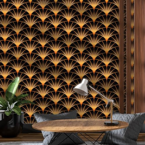 ICYEHAO Papier Peint Adhesif Noir et Or,44 x 300cm Papier Adhésif Geometrique Doré Abstrait Papier Peint Rayure Papier Autocollant pour Meuble,Chambre,Salon,Salle de Bain,Toilette