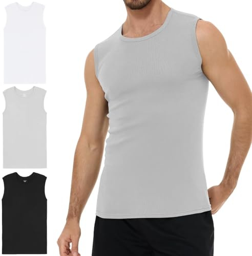YouShow Confezione da 3 Canottiere da Uomo, 100% Cotone, Senza Maniche, con Scollo Rotondo, 1x Nero + 1x Bianco + 1x Grigio, L