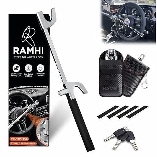 RAMHI Heavy Duty Car Steering Wheel Lock Includes 2 Keys and Car Key Signal Blocker Pouch |Steering Lock | Anti Theft Bar - Universal Fit with 2 Designs Yellow/Black (Black)