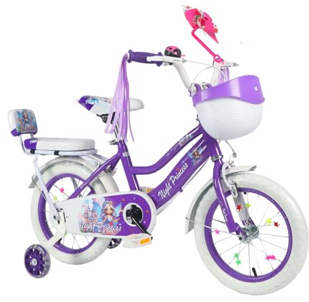 Night Princess Girls' Bicycle, 12 - 16 Purple and White, with Training Wheels, Stabillisers, Front Basket, Streamers and Bell included (16, Inches)