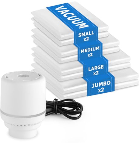Flintronic Vakuumbeutel für Kleidung mit Elektrischer Luftpumpe, 8 Stück Vakuum-Kompressionsbeutel(2Jumbo/2Groß/2Mittel/2Klein), Wiederverwendbar Vacuum Bags für Kissen Reise, Aufbewahrungsbeutel
