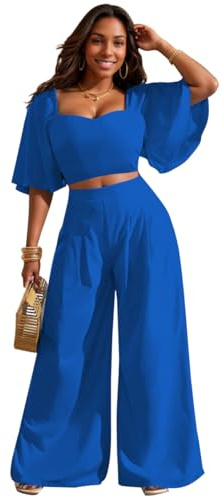 Women's 2 Piece Outfits Suit Set Sweetheart Neck Ruffle Short Sleeve Crop Top Wide Leg Pants Sets Business Pantsuits