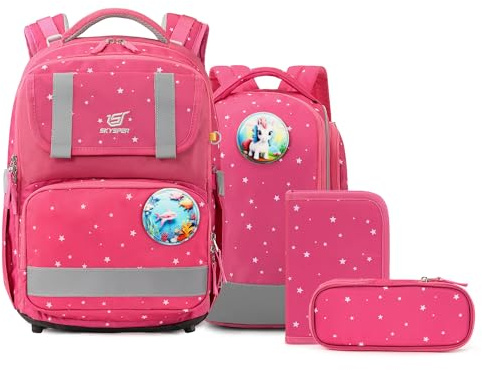 SKYSPER Schulranzen-Set 5-teilig, Schulrucksack Ergonomischer Tragesystem 16L Schulranzen mit 360° Reflektorstreifen für Mädchen Gungen Kinder 1. klasse für Reisen Sport